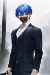male, blue hair, blue eyes, black suit, holding katana, mask on, rain,  s-1047933210.png
