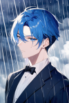 male, blue hair, blue eyes, black suit, rain,  s-662434764.png